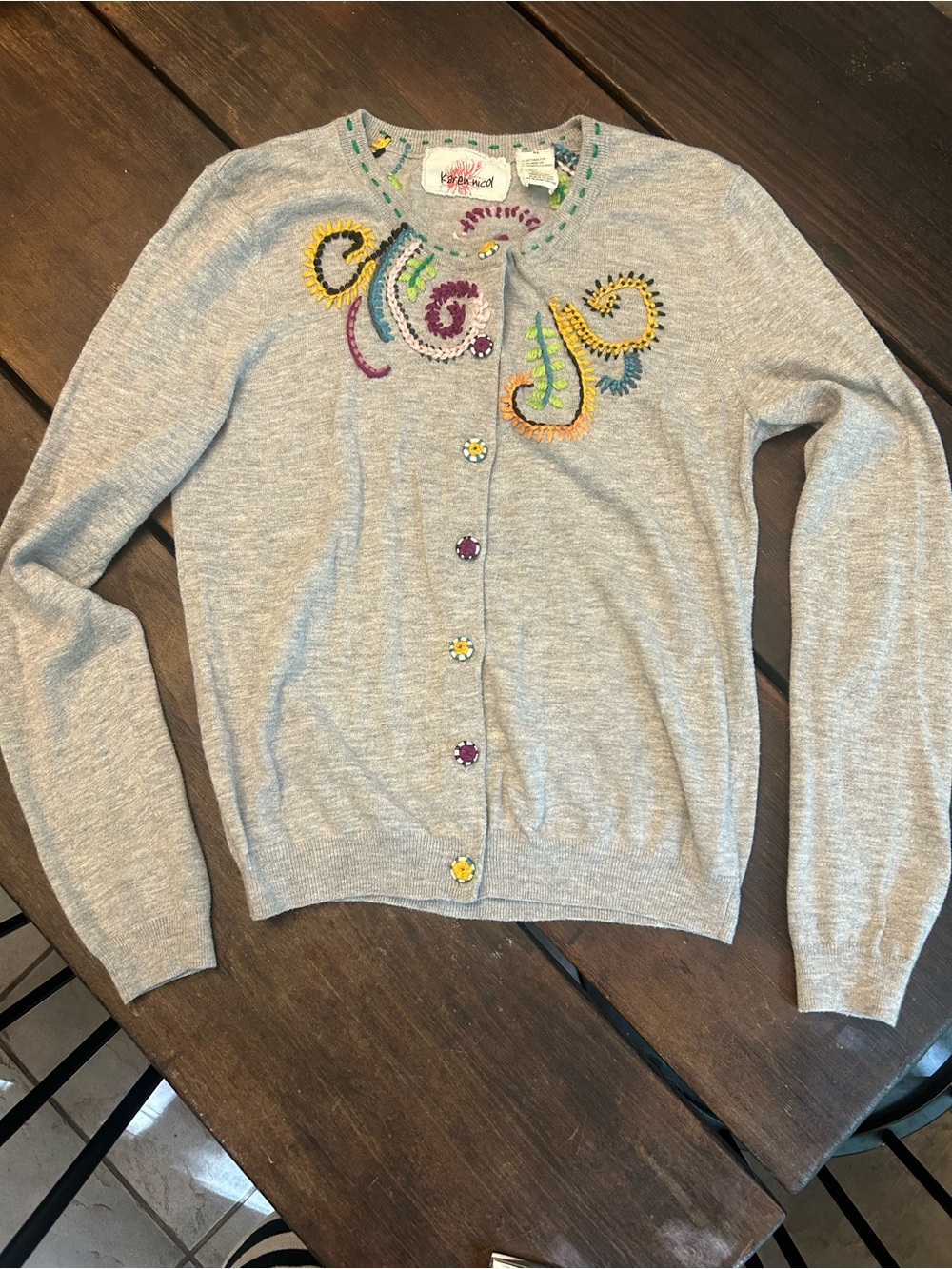 Karen Nicol Anthropologie Light Gray Embroidered Button-Front Cardigan Sweater